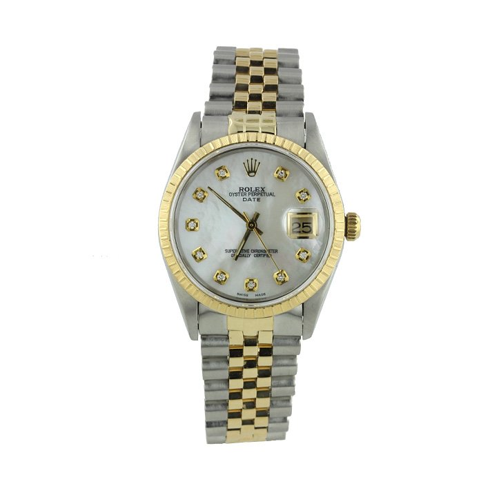 Gents Rolex Date Model Two-Tone Wristwatch GB648: Gents Rolex Date Model Two-Tone Wristwatch GB648. Good Condition! XR1032MT. One gents, hand crafted & machine milled Rolex Date Model wristwatch electronically tested 18KT yellow gold & stainless stee