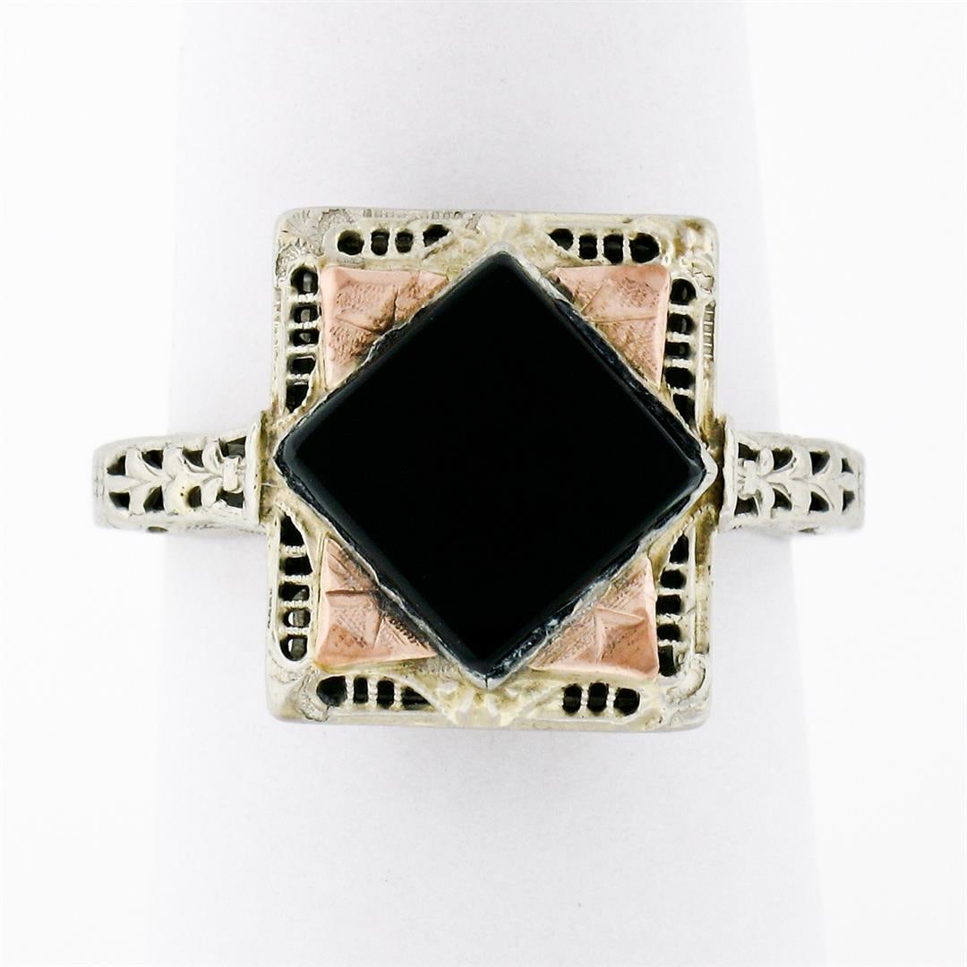 Antique Art Deco 14k White & Rose Gold Black Onyx Etched