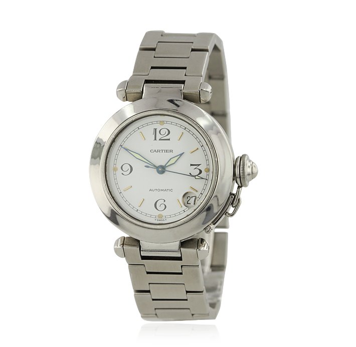 Cartier Pasha Stainless Steel Wristwatch HM105: Cartier Pasha Stainless Steel Wristwatch HM105. Good Condition! XD9081XI. One, Cartier Pasha wrist watch electronically tested Stainless Steel, Case: 35mm with eight in-set screws, Water Resistant: 33