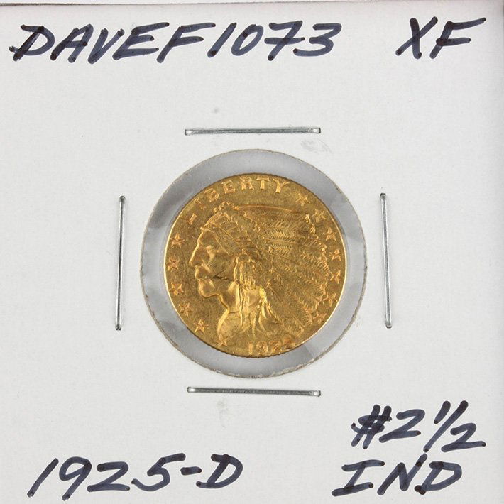 1925-D $2 1/2 XF Indian Head Quarter Eagle Gold Coin Da: 1925-D $2 1/2 XF Indian Head Quarter Eagle Gold Coin DaveF1073. As-Is Condition! YV903UB. One 1925-D $2 1/2 XF Indian Head Quarter Eagle Gold Coin. Thank you for viewing this lot! We are always adding