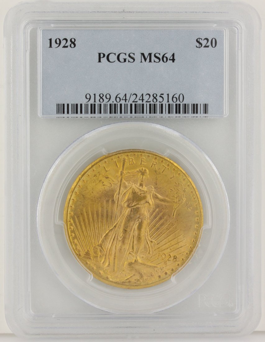 1928 $20 PCGS MS64 St. Gaudens Double Eagle Gold Coin D: 1928 $20 PCGS MS64 St. Gaudens Double Eagle Gold Coin DAVEF1200. As-Is Condition! GY9502VQ. One 1928 $20 PCGS MS64 St. Gaudens Double Eagle Gold Coin. Thank you for viewing this lot! We are always add