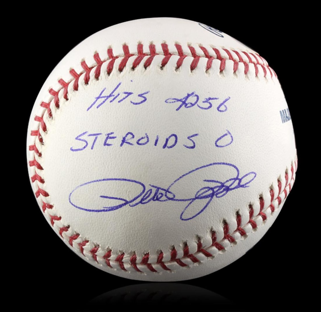 Autographed Pete Rose Baseball PSA Certified: Autographed Pete Rose Baseball PSA Certified. Excellent Condition! DX153MA. Signed Pete Rose baseball with 4256 hits and 0 Steroids written on the ball. Pete Rose had "4256 hits in his 24 year career 