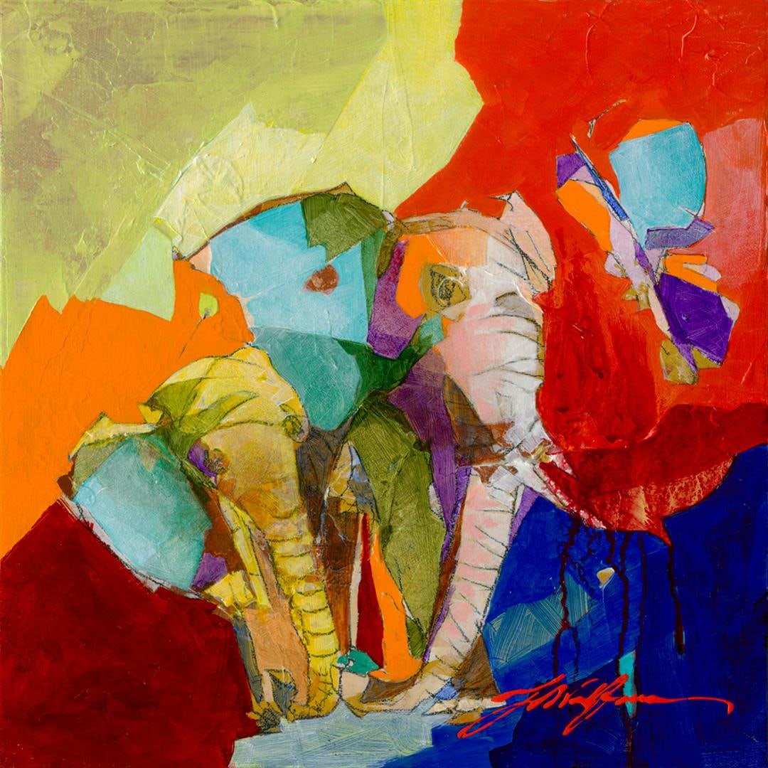 Elephant And The Butterfly II by Yuval Wolfson: Remarkable signed limited edition art on canvas. This artwork comes framed ready to hang. Art will come with a certificate of authenticity. Frame size 29x29.