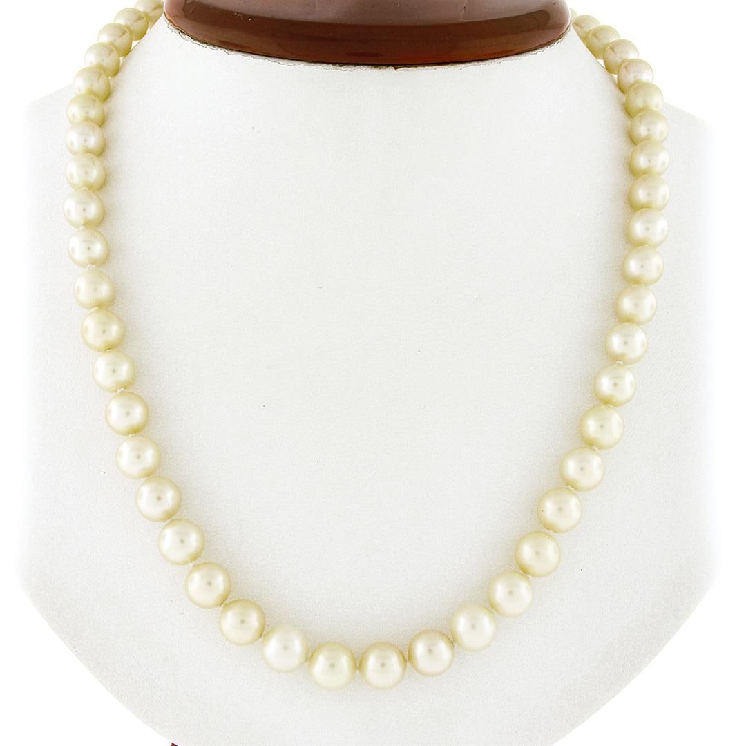 Classic 7.5-8mm Cultured Pearl Strand Necklace w/ 14k Gold Pave Diamond Clasp: A 53 round shape cultured pearls (7.5mm to 8mm), with 11 round brilliant cut natural diamonds (G/H - VS2/SI1 ; 0.19ctw), on a 14k yellow gold clasp. 18.5 inch strand link chain, 36.46 grams total weig