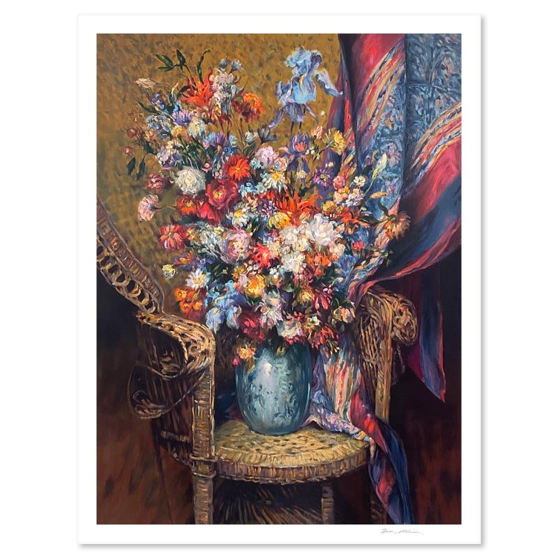 Floral Symphony by Plisson (1933-2006): "Floral Symphony" is a limited edition serigraph on paper by Henri Plisson (1933-2006), numbered and hand signed by the artist. Includes Letter of Authenticity. Measures approx. 31" x 39.5" (border),