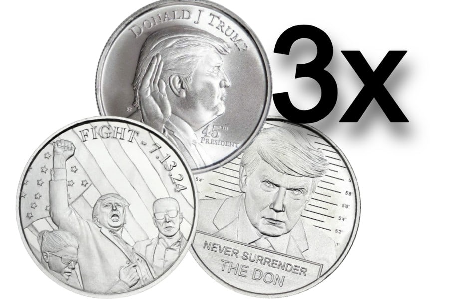 Donald Trump 1oz .999 Fine Silver Coin Assorted SET (3): This Donald Trump 1oz .999 Fine Silver Coin Assorted Set features three unique designs honoring the 45th President: the presidential profile, the "Never Surrender" mugshot, and the "Fight" coin commem