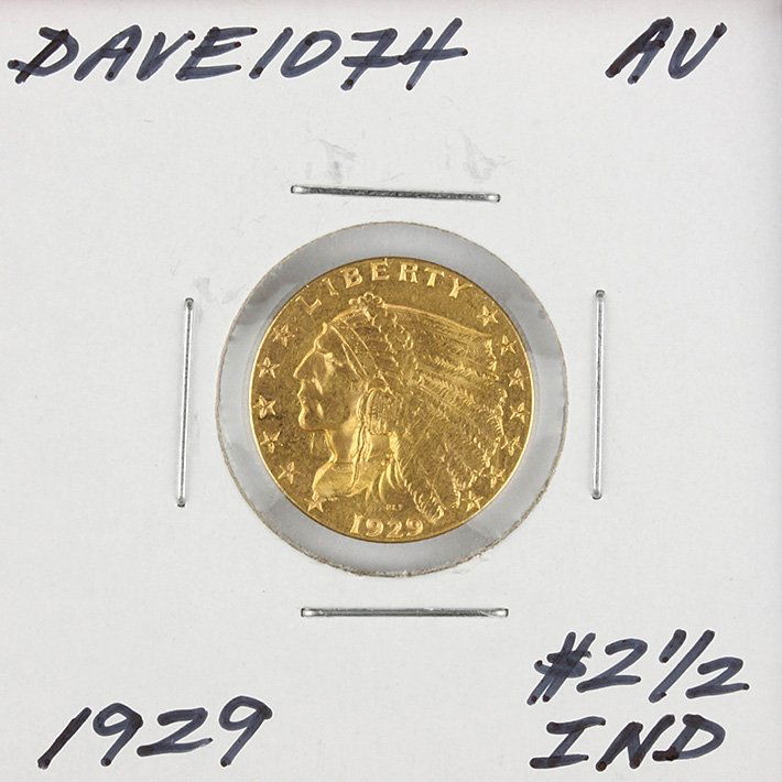 1929 $2 1/2 AU Indian Head Quarter Eagle Gold Coin Dave: 1929 $2 1/2 AU Indian Head Quarter Eagle Gold Coin DaveF1074. As-Is Condition! TR923RS. One 1929 $2 1/2 AU Indian Head Quarter Eagle Gold Coin. Thank you for viewing this lot! We are always adding new