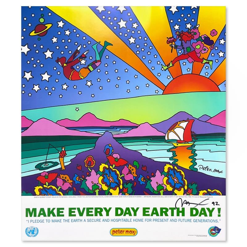 Earth Day by Peter Max: "Earth Day" is a poster on paper by Peter Max, hand signed by the artist. Includes Letter of Authenticity. Measures approx. 27.4" x 24" (image).