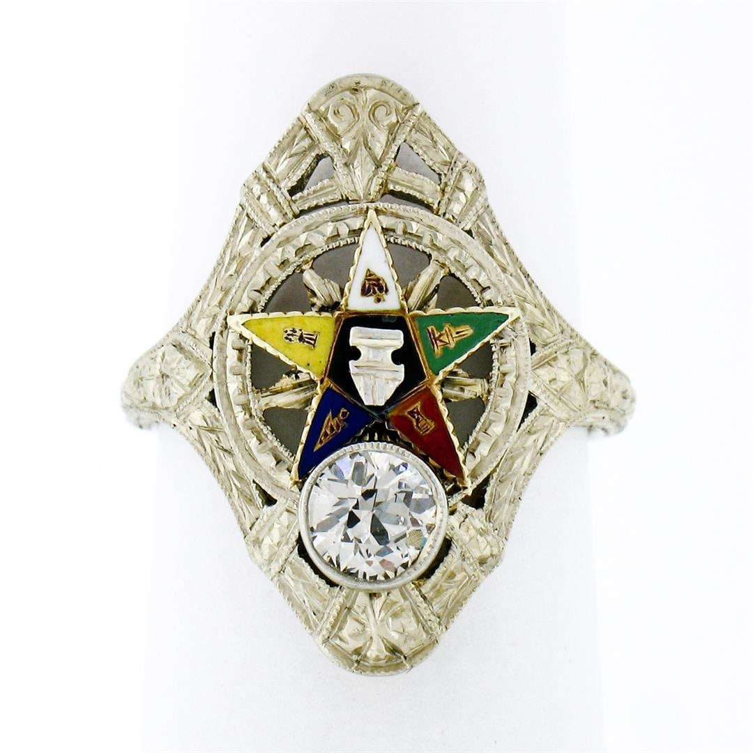 Antique Art Deco 18k Gold European Diamond Engraved Enamel Masonic Dinner Ring: An antique solid 18k white gold enamel masonic dinner ring, with 1 old european cut natural diamond (F - VS1; 0.35ct). The ring is size 4.5, weighs a total of 4.17 grams, and measures 20.3mm wide.