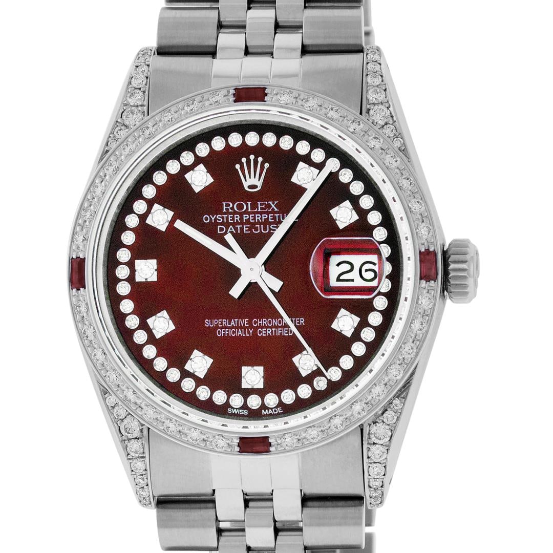 Rolex Mens Stainless Steel Red Diamond Lugs And Ruby 36MM Datejust Wristwatch: One Mens Pre Owned Stainless Steel Rolex Datejust Polished Bright with Satin Finish, Serviced And Electronically Tested, Rolex Stainless Steel Case: 36mm, Custom Diamond Lugs: 28 Added Diamonds On Lug