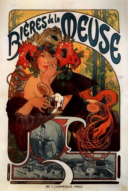 Alphonse Mucha - Bieres de la Meuse: Artist: Alphonse Mucha - Title: Bieres de la Meuse - Medium: Fine Art Giclee on Canvas - Image Size: Approximately 32 inches x 21.5 inches - Unframed on Unstretched Canvas - Biography: Alphonse Mucha