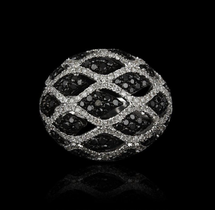 18KT White Gold 2.42ctw Black and White Diamond Ring FJ: 18KT White Gold 2.42ctw Black and White Diamond Ring FJM2041. Excellent Condition! EG9671DT. One ring featuring: 8.53 grams of 18KT white gold, (135) black diamonds with a total weight of 1.30cts and