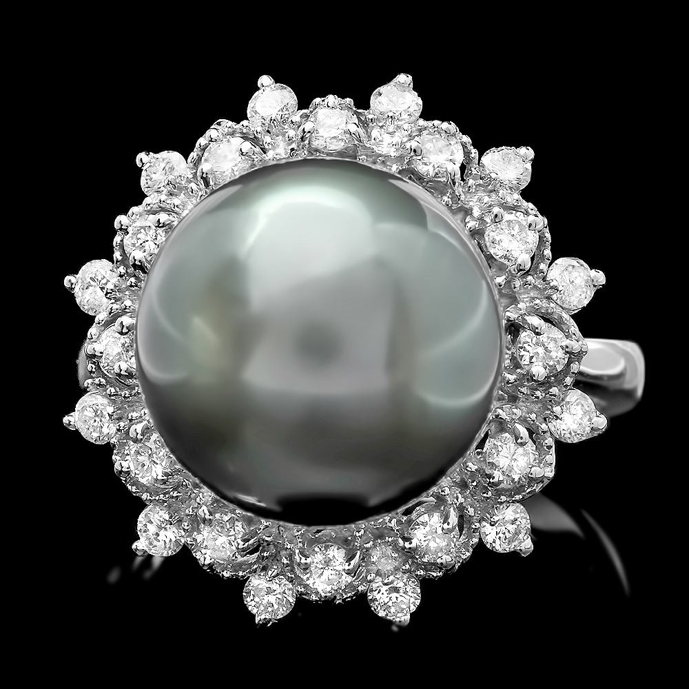 14KT White Gold Tahitian 12.5mm Pearl and Diamond Ring : 14KT White Gold Tahitian 12.5mm Pearl and Diamond Ring A4451. Excellent Condition! IV915PD. Metal: 14k Solid White Gold. Face Measurements: 20mm. Size: 6.75. Shank Width: 3mm. Finish: Bright Polish. T