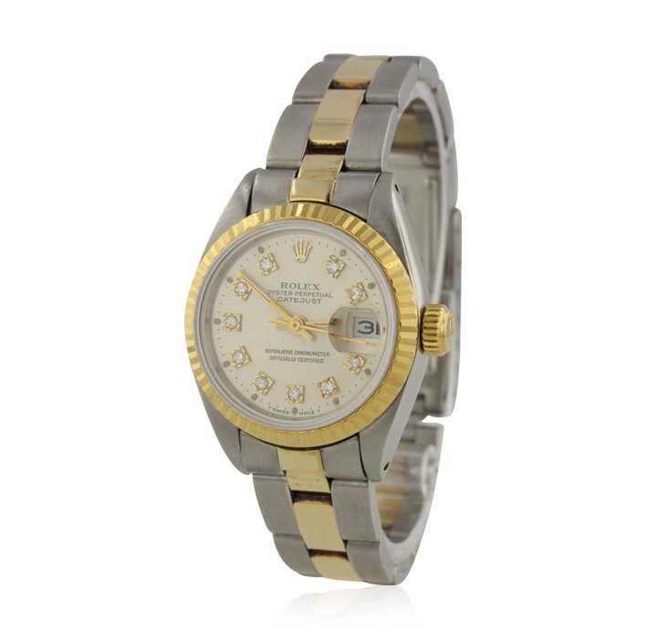 Ladies Rolex DateJust Two-Tone Diamond Wristwatch GB826: Ladies Rolex DateJust Two-Tone Diamond Wristwatch GB826. Good Condition! PY9591KE. One ladies Rolex DateJust two-tone diamond wristwatch. The watch features: stainless steel case, stainless steel and