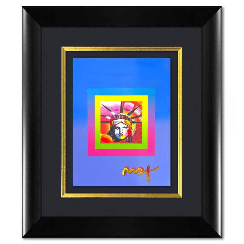 Liberty by Peter Max: "Liberty" is a hand signed one-of-a-kind acrylic mixed media on paper by Peter Max. The piece comes custom framed with a backside cutout to display Peter Max Studio registration number 158661 certifyi