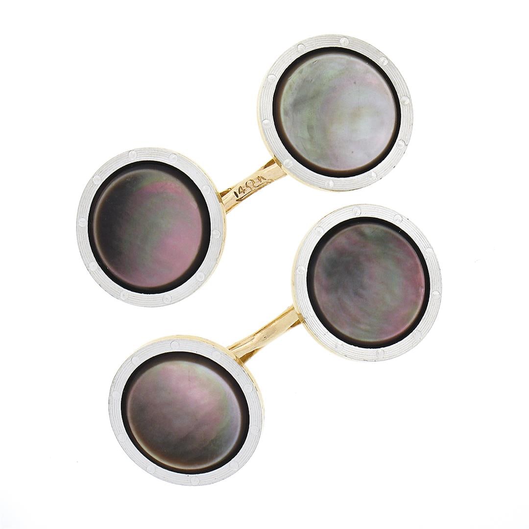 Men's Antique 14k TT Gold Black Mother of Pearl w/ Grooved Rim Round Cuff Links: An antique solid 14k yellow and white gold grooved cufflinks, with 4 rouns shape mother of pearls (10.1mm). These cuff links have a linking bar design with a clearance of 14.30mm, weigh a total of 5.7