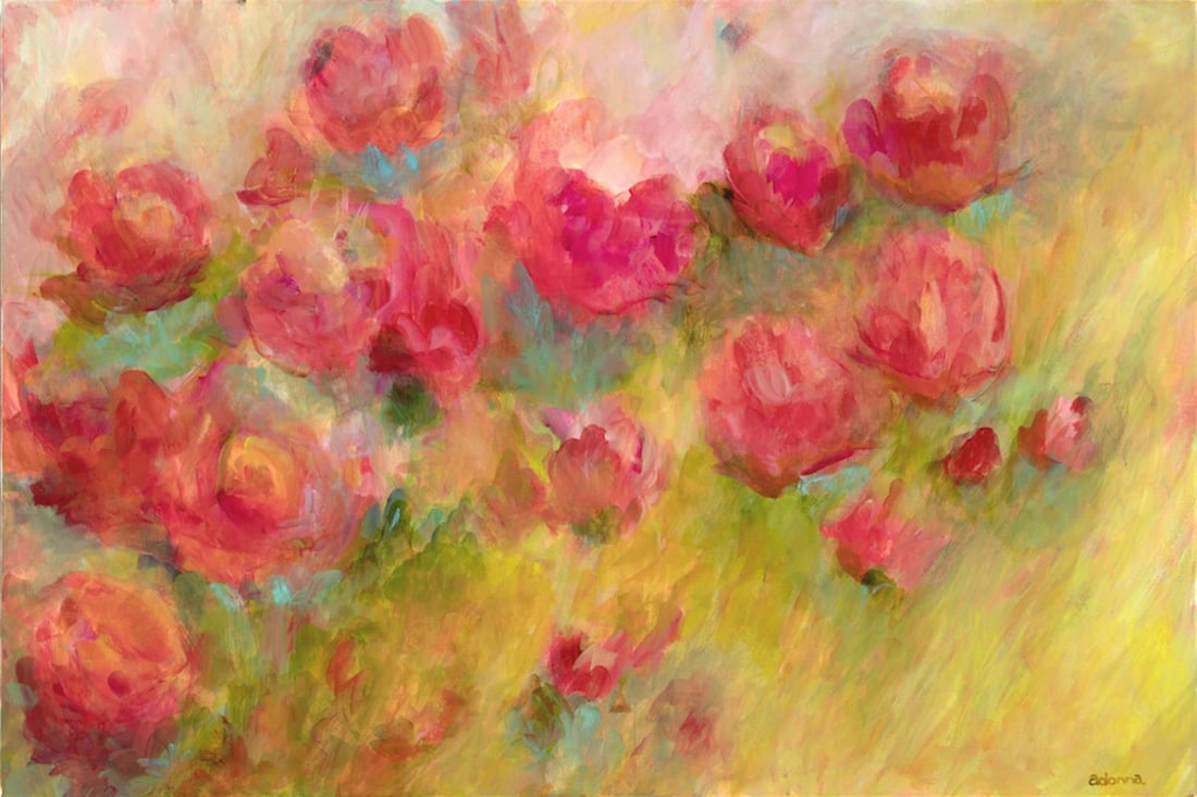 Arrival by Adonna Original: Soft and serene, this beautiful cluster of pink & red flowers is an original Acrylic/ oil pastel on 36x24" stretched canvas by Adonna.