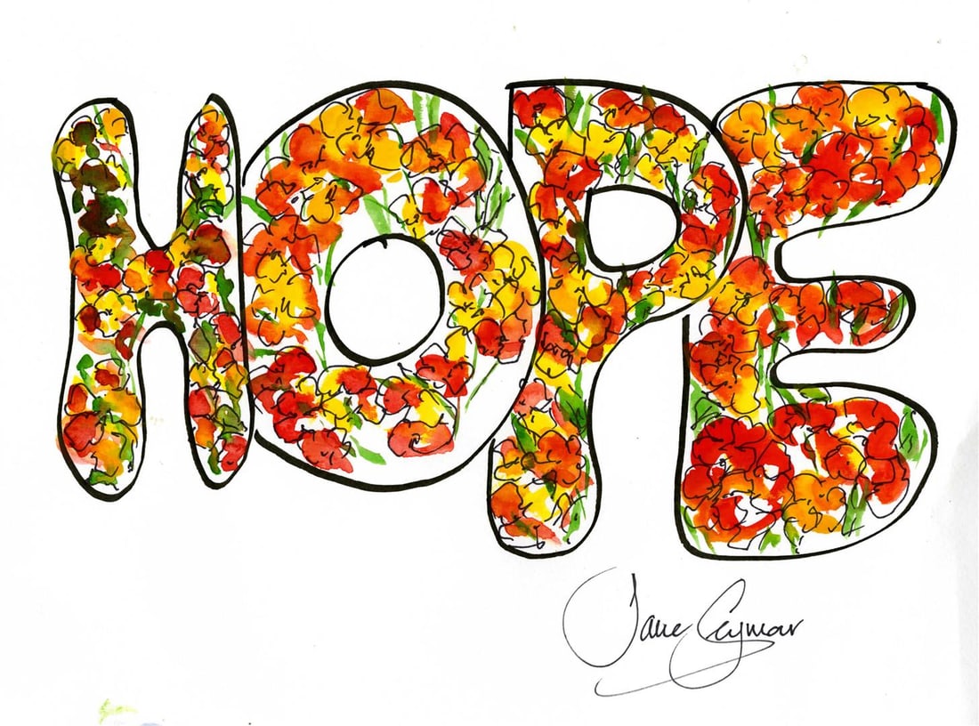 Jane SEYMOUR ORIGINAL: HOPE Series II. HOPE with Flowers: Jane SEYMOUR ORIGINAL: HOPE Series II. HOPE with Flowers. Watercolor with pen and ink on paper, signed lower right, 9 1/8 x 11 1/4" A message of Hope was given by a series of watercolors on the theme,