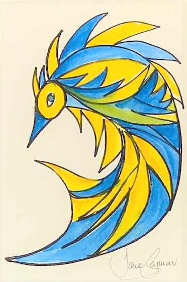 Jane SEYMOUR ORIGINAL: Abstract Fantasy XXV. (Teal and Yellow Bird): Jane SEYMOUR ORIGINAL: Abstract Fantasy XXV. (Teal and Yellow Bird). Mixed-media on paper, signed lower right, 9 x 6" A newly-developed fresh, colorful and playful style during the time of Covid-19.