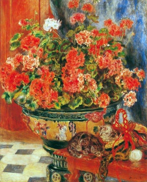 Renoir - Geraniums And Cats: Artist: Pierre-Auguste Renoir 1841-1919 - Title: Geraniums And Cats - Medium: Fine Art Reproduction Giclee on Canvas - Image Size: Approximately 32 inches x 25.75 inches - Unframed on Unstretched Canv