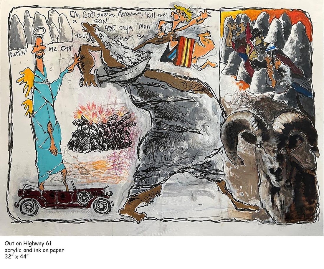 Out on Highway 61 by Stephen Holland ORIGINAL: In an homage to Bob Dylan, Stephen Holland illustrates his Highway 61 story from the Old Testament. A 32x44" original acrylic & ink on paper, mounted on stretched canvas ;with COA