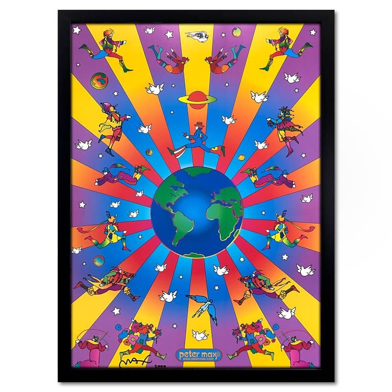 Earth Day by Peter Max: "Earth Day" is an offset lithograph on paper by Peter Max, hand signed by the artist. This piece comes custom framed. Includes Letter of Authenticity. Measures approx. 37" x 28" (frame), 33" x 24" (im