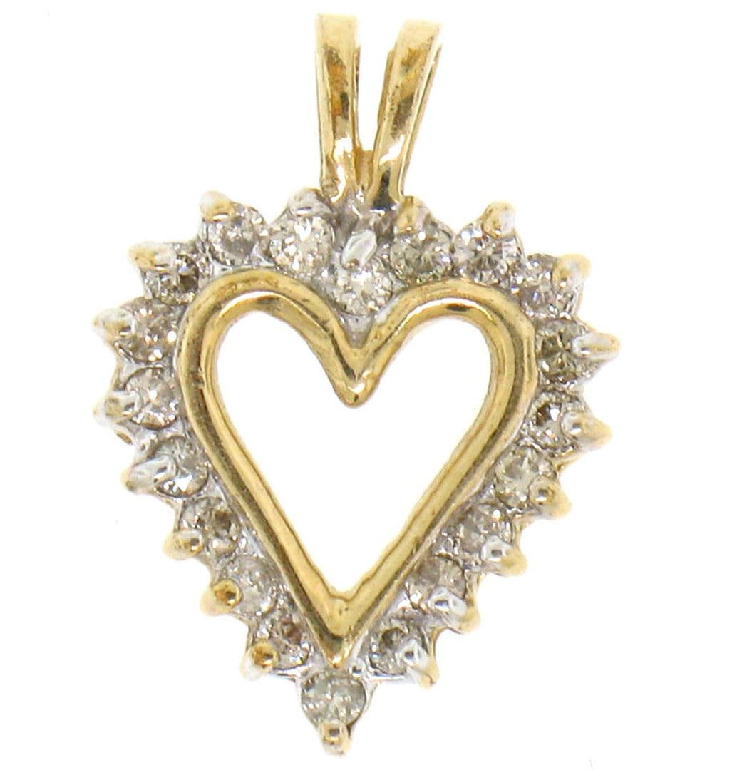 Classic Petite 10K Yellow Gold 0.46 ctw Diamond Framed Open Heart Charm Pendant: Classic Petite 10K Yellow Gold 0.46ctw Diamond Framed Open Heart Charm Pendant. Please see photos and description for all available information. An estate solid 10k yellow gold heart pendant, with 21 