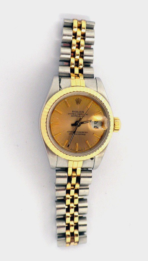 Lady Rolex Two-Tone DateJust Wristwatch A3483: Lady Rolex Two-Tone DateJust Wristwatch A3483. Great Condition! JH1381RB. One ladies, hand crafted and machine milled Rolex DateJust Model Stainless Steel and 18KT yellow gold wristwatch electronicall