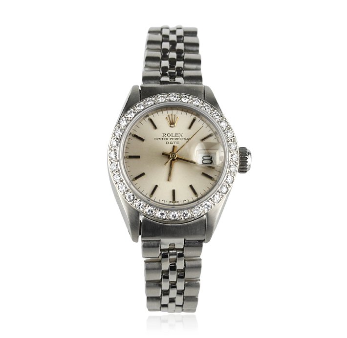 Ladies Rolex Date Stainless Steel and Diamond Wristwatc: Ladies Rolex Date Stainless Steel and Diamond Wristwatch GB727. Good Condition! RZ9091EV. One ladies, hand crafted & machine milled Rolex Date Model Stainless Steel wristwatch electronically tested, C