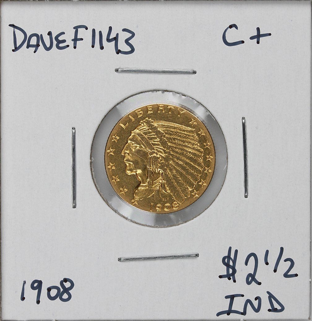 1908 $2 1/2 C+ Indian Head Quarter Eagle Gold Coin Dave: 1908 $2 1/2 C+ Indian Head Quarter Eagle Gold Coin DaveF1143. As-Is Condition! DD992LO. One 1908 $2 1/2 C+ Indian Head Quarter Eagle Gold Coin. Thank you for viewing this lot! We are always adding new