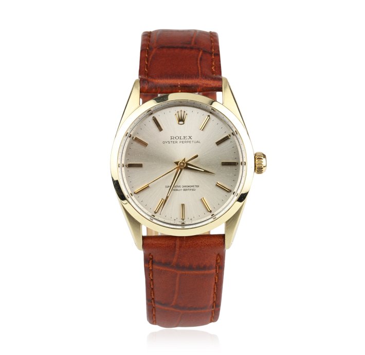 Vintage Rolex Oyster Perpetual on Leather Strap Wristwa: Vintage Rolex Oyster Perpetual on Leather Strap Wristwatch GB681. Good Condition! XR1041TM. One, Rolex Oyster Perpetual wristwatch electronically tested, Circa: 1958, Case: 14KT yellow gold capped sta