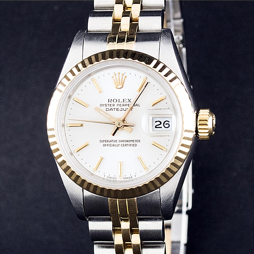 Rolex Ladies 2T Yellow Gold & Stainless Steel White Index Wristwatch 26MM: One Ladies Pre Owned Two Tone 14K Yellow Gold And Stainless Steel Rolex Polished, Serviced & Electronically Tested, Rolex Yellow Gold & Stainless Steel Case: 26mm, Rolex Yellow Gold Crown, Rolex Bezel