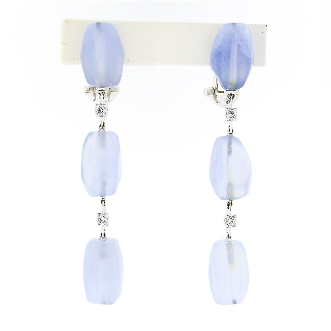 Antonini 18K White Gold Chalcedony Bead Round Diamond Long Drop Dangle Earrings: A solid 18k white gold long dangle drop earrings by Antonini, featuring 6 freeform faceted bead cabochon cut natural chalcedony (14.1x9.5mm), and 4 round brilliant cut natural diamonds (G/H - VS1/VS2