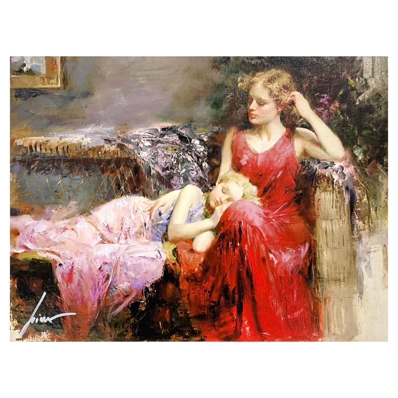 A Mother's Love by Pino (1939-2010): "A Mother's Love" is a limited edition giclee on canvas by Pino (1939-2010), numbered and hand signed by the artist. Includes Certificate of Authenticity. Measures approx. 12" x 16" (image).