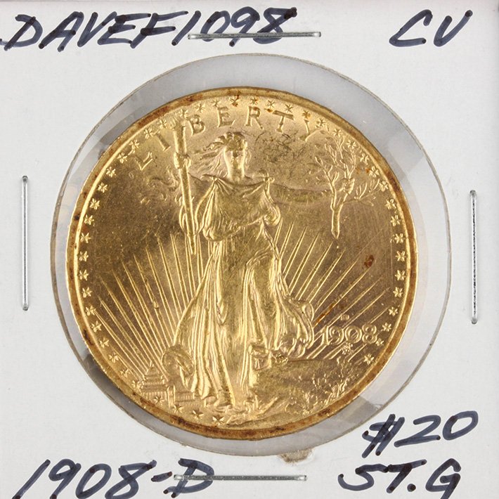 1908-D N/M $20 CU St. Gaudens Double Eagle Gold Coin Da: 1908-D N/M $20 CU St. Gaudens Double Eagle Gold Coin DaveF1098. As-Is Condition! NV9191WK. One 1908-D N/M $20 CU St. Gaudens Double Eagle Gold Coin. Thank you for viewing this lot! We are always addin