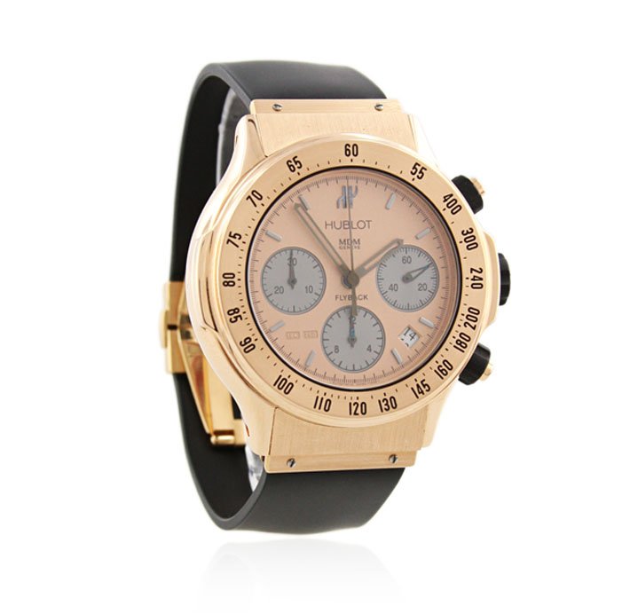 Hublot 18KT Rose Gold Super B Flyback Chronograph Wrist: Hublot 18KT Rose Gold Super B Flyback Chronograph Wristwatch A4025. Good Condition! TR10101RM. One, machine milled & hand crafted Hublot Super B Flyback Chronograph Limited Edition (097/100) wristwatc