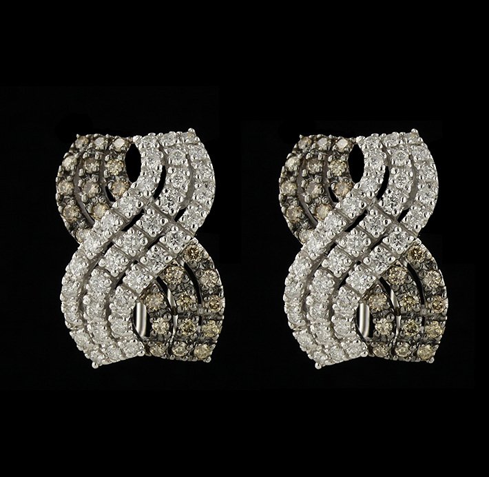 14KT White Gold 1.72ctw Fancy Brown and White Diamond E: 14KT White Gold 1.72ctw Fancy Brown and White Diamond Earrings FJM2333. Excellent Condition! NZ9321DU. One pair of earrings featuring: 9.28gm of 14KT white gold, (48) fancy brown diamonds with a total