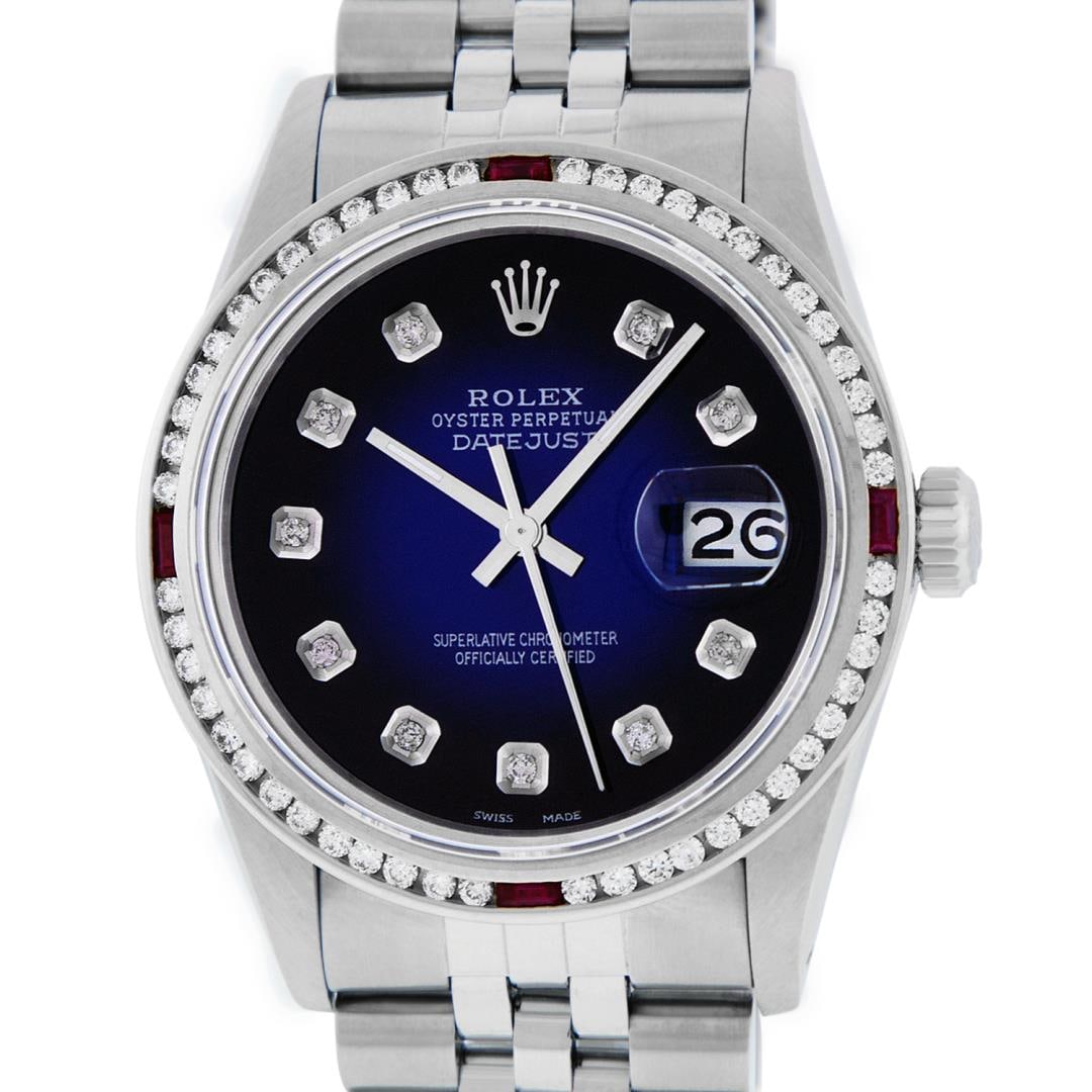 Rolex Mens SS 36MM Blue Vignette Diamond And Ruby Channel Set Diamond Datejust: One Mens Pre Owned Stainless Steel Rolex Datejust Polished Bright with Satin Finish, Rolex Stainless Steel Case: 36mm, Rolex Stainless Steel Crown, Custom Bezel: New 18K White Gold Ruby Channel Set Di