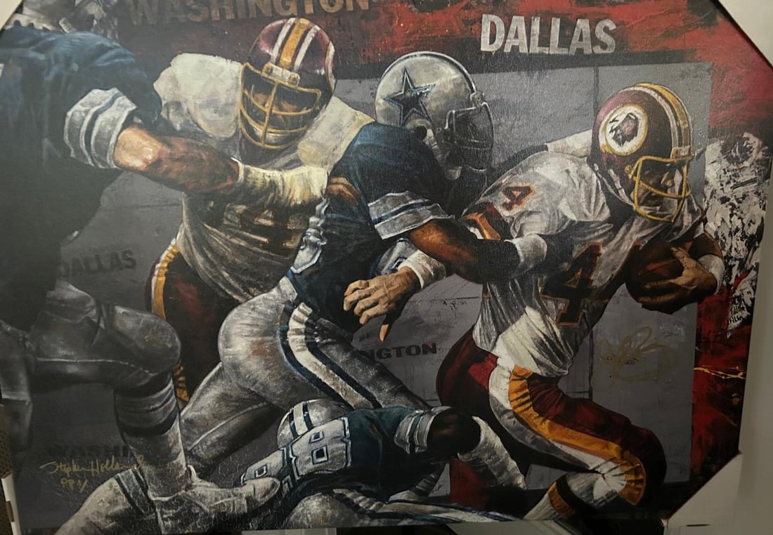 John Riggins The Rivalry by Stephen Holland: "The Rivalry" by Stephen Holland, signed by John Riggins & artist 27.5"x39.75" giclee PP2;stretched canvas, AS IS, cracking bottom left. W/COA