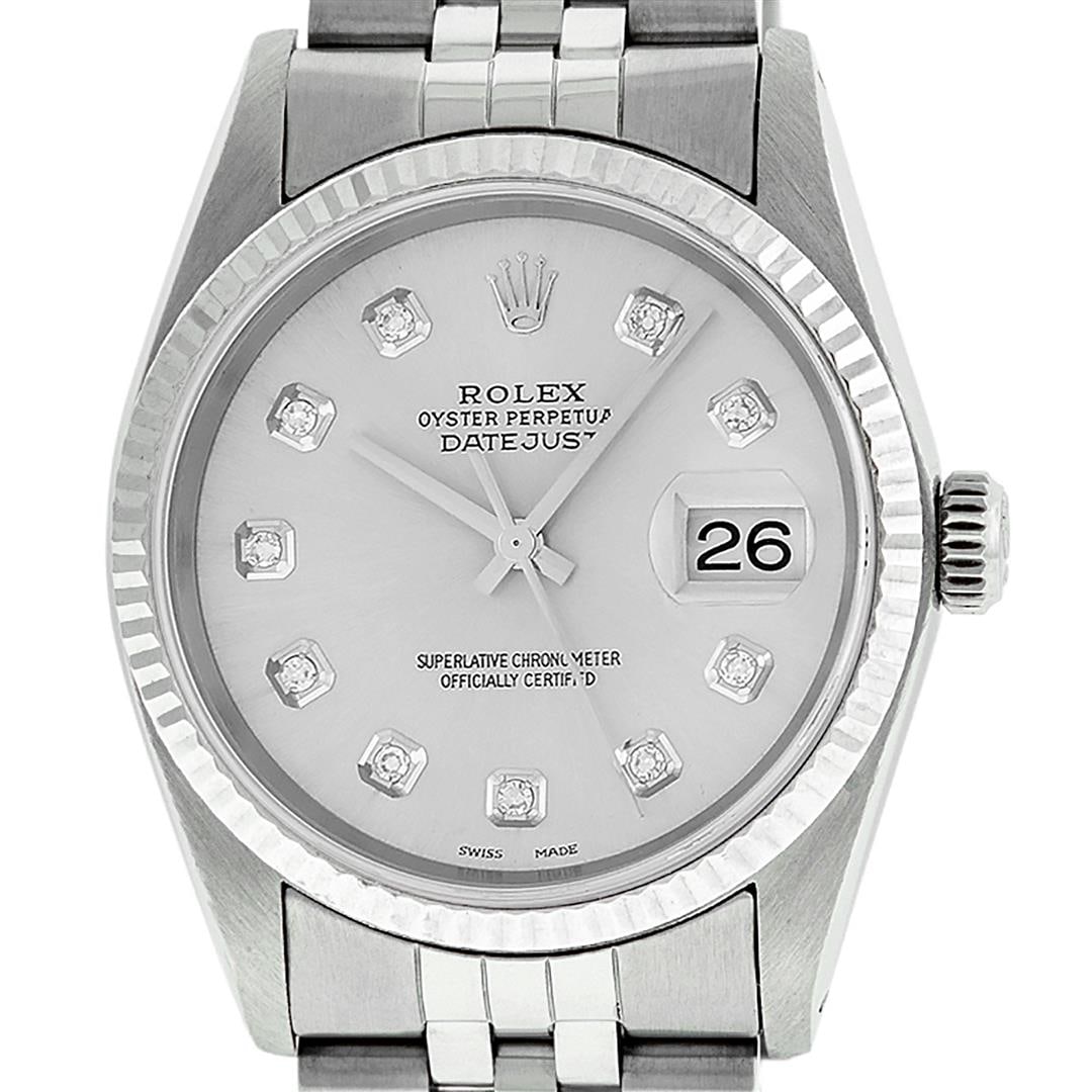 Rolex 36MM Stainless Steel Silver Diamond Datejust Wristwatch: One Pre Owned Stainless Steel Rolex 36MM Datejust Polished Bright with Satin Finish, Serviced & Electronically Tested, Rolex Stainless Steel Case: 36mm, Rolex Stainless Steel Crown, Rolex Bezel: White