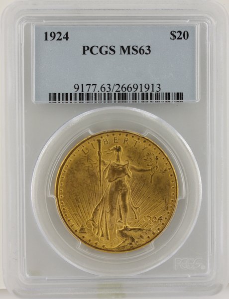1924 $20 PCGS MS63 St. Gaudens Double Eagle Gold Coin D: 1924 $20 PCGS MS63 St. Gaudens Double Eagle Gold Coin DaveF1238. As-Is Condition! XU9002MG. One 1924 $20 PCGS MS63 St. Gaudens Double Eagle Gold Coin. Thank you for viewing this lot! We are always add