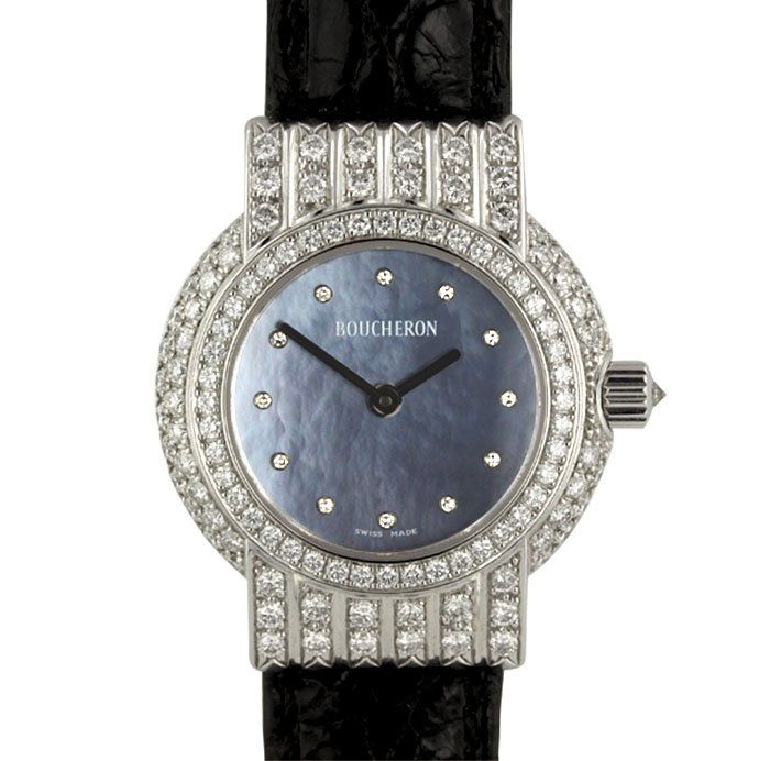 Boucheron 18KT White Gold MOP and Diamond Wristwatch GB: Boucheron 18KT White Gold MOP and Diamond Wristwatch GB1151. Great Condition! FE9042ZB. One ladies Boucheron 18KT white gold mother of pearl and diamond wristwatch. The watch features: 18KT white gold
