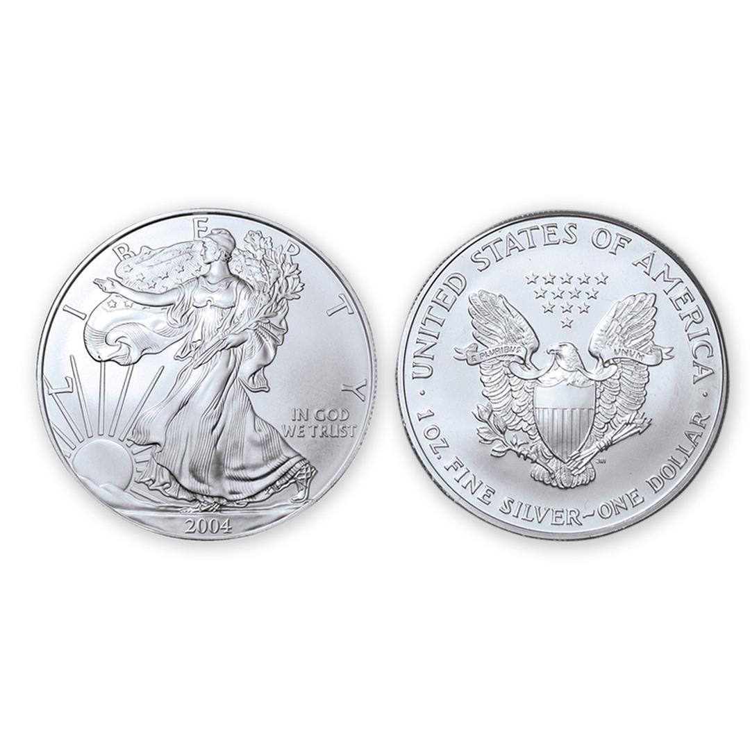 2004 American Silver Eagle .999 Fine Silver Dollar Coin: One 2004 American Silver Eagle .999 Fine Silver Dollar Coin.