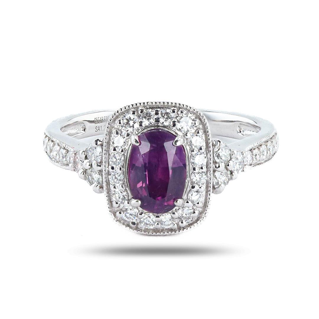 1.28 ctw UNHEATED Purple Pink KASHMIR Sapphire and 0.49 ctw Diamond Platinum Rin: Platinum (PLAT) natural unheated kashmir sapphire corundum and diamond ring. An oval brilliant cut natural unheated kashmir sapphire corundum gemstone is mounted in the center of the ring. Round brill