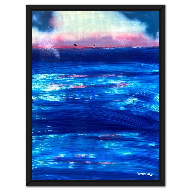 Dolphins by Wyland Original: "Dolphins" is an original acrylic painting on canvas by Wyland, hand signed by the artist. This piece comes custom framed. Includes Letter of Authenticity. Measures approx. 54" x 42" (frame), 51" x 39