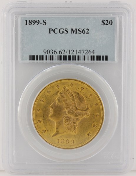 1899-S $20 PCGS MS62 Liberty Head Double Eagle Gold Coi: 1899-S $20 PCGS MS62 Liberty Head Double Eagle Gold Coin DaveF1259. As-Is Condition! RW5191FT. Thank you for viewing this lot! We are always adding new inventory and new auctions, so please check back