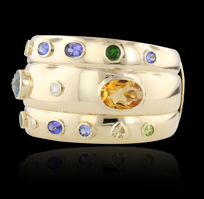 14KT Yellow Gold Multi-Gemstone and Diamond Cuff Bracel: 14KT Yellow Gold Multi-Gemstone and Diamond Cuff Bracelet A4033. Good Condition! PW15021FC. One electronically tested 14KT yellow gold ladies custom cast & hand crafted multi-gemstone and diamond cuff