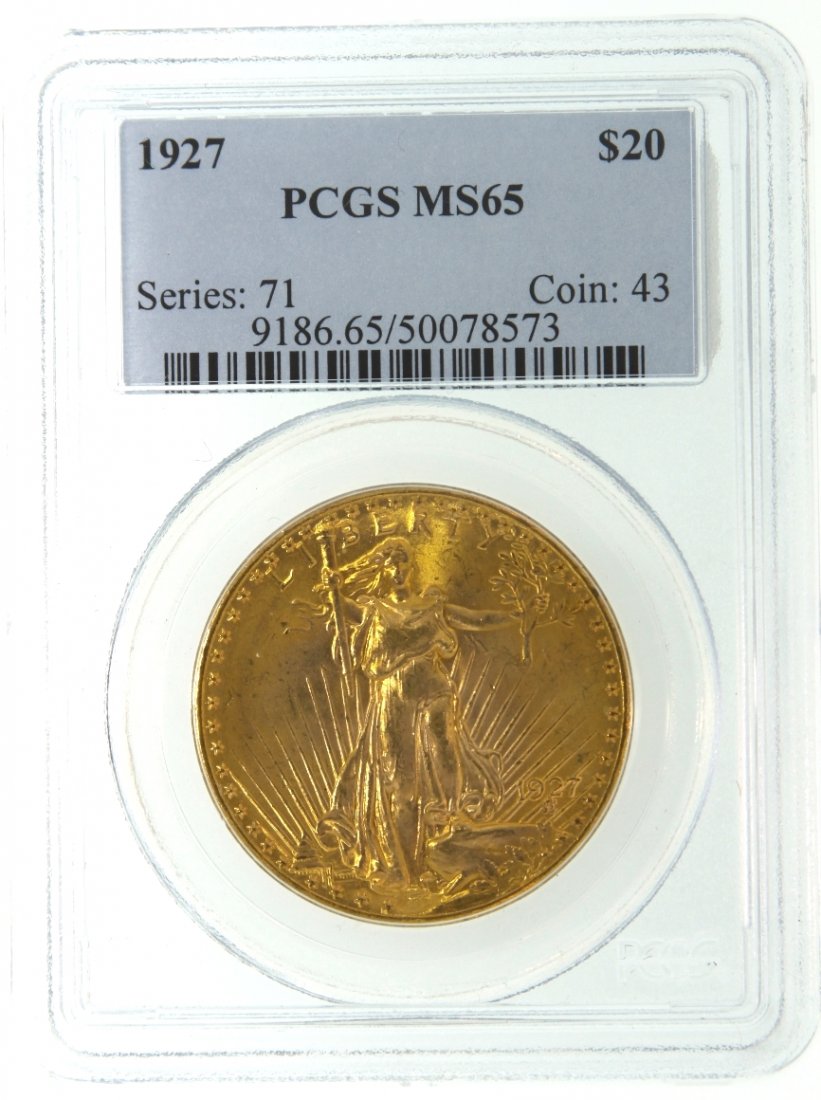 1927 $20 PCGS MS65 Saint Gaudens Double Eagle Gold Coin: 1927 $20 PCGS MS65 Saint Gaudens Double Eagle Gold Coin GFR38. As-Is Condition! IR1202PE. One 1927 $20 PCGS MS65 Saint Gaudens Double Eagle Gold Coin. Thank you for viewing this lot! We are always add