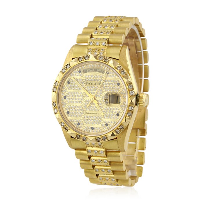 Gents Rolex DayDate 18KT Yellow Gold and Diamond Wristw: Gents Rolex DayDate 18KT Yellow Gold and Diamond Wristwatch A4469. Good Condition! XT1059TM. One gents, hand crafted & machine milled Rolex DayDate Model wristwatch the President electronically tested