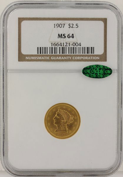 1907 $2 1/2 NGC MS64 CAC Liberty Head Quarter Eagle Gol: 1907 $2 1/2 NGC MS64 CAC Liberty Head Quarter Eagle Gold Coin DaveF1232. As-Is Condition! DC978HZ. One 1907 $2 1/2 NGC MS64 CAC Liberty Head Quarter Eagle Gold Coin. Thank you for viewing this lot! We
